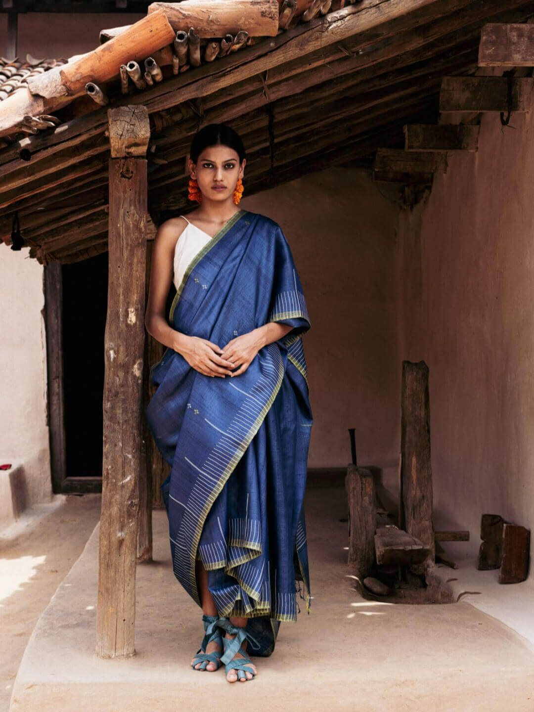 Handwoven Blue Saree with Off-white Motifs