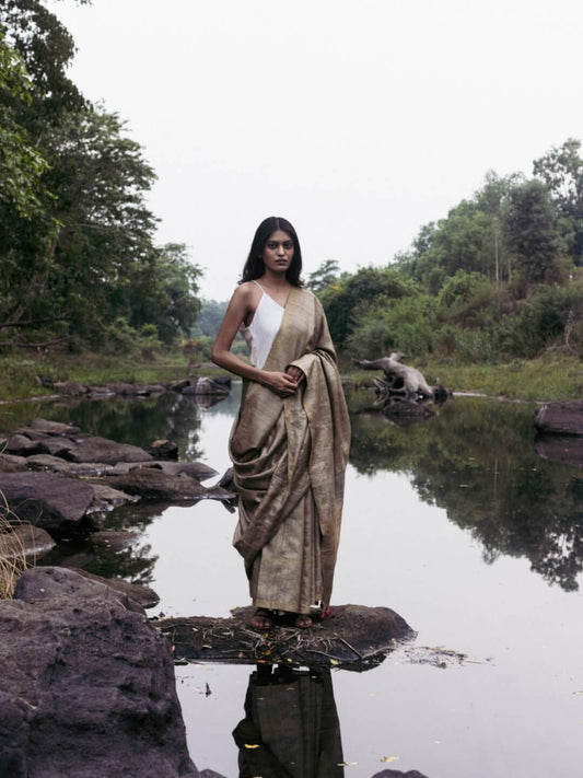 Handwoven Natural Dyed Kosa Silk Saree in Khakhi with Gold and Silver Details