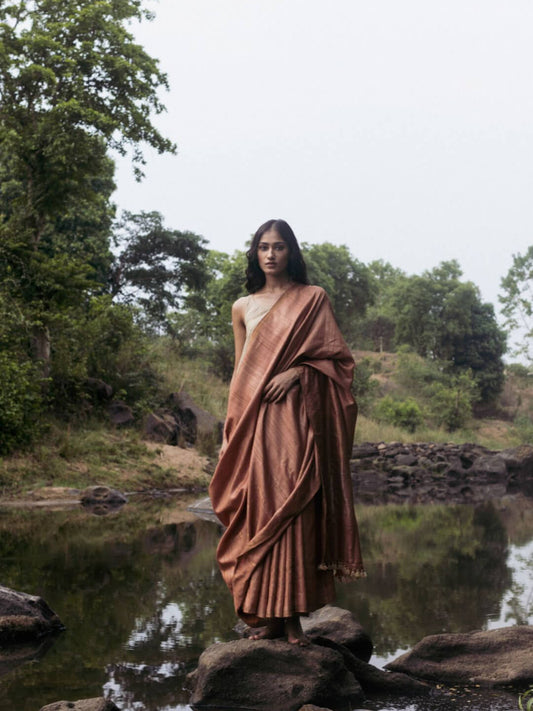 Handwoven Rust Kosa Saree with Gold and Silver Details