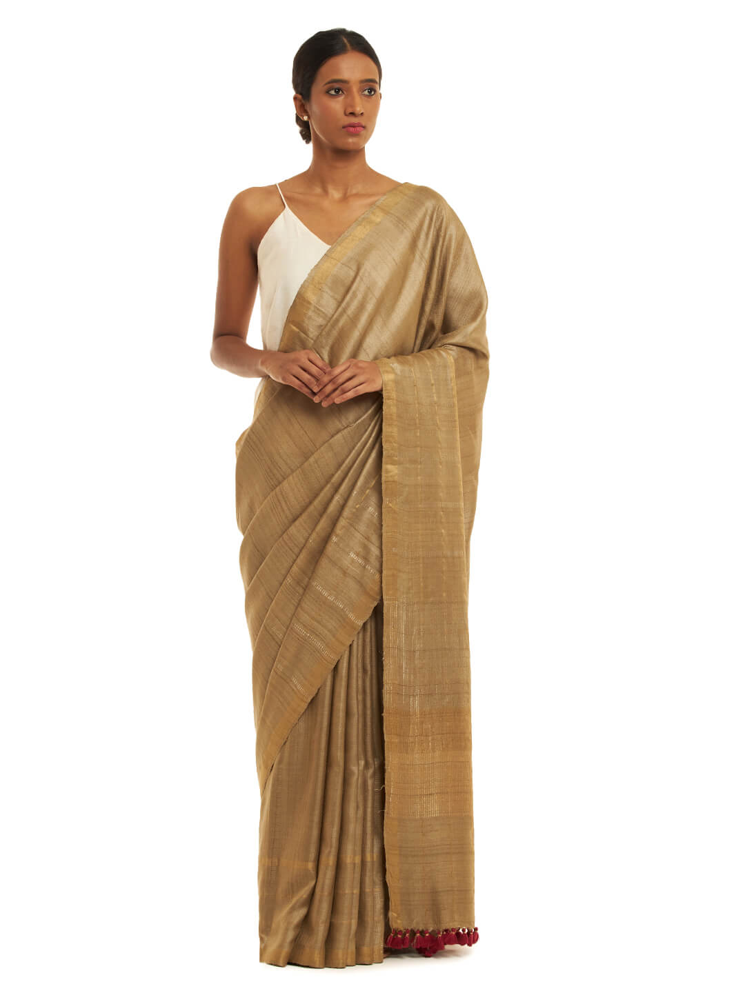 Handwoven Natural Dyed Kosa Silk Saree in Khakhi with Gold and Silver Details