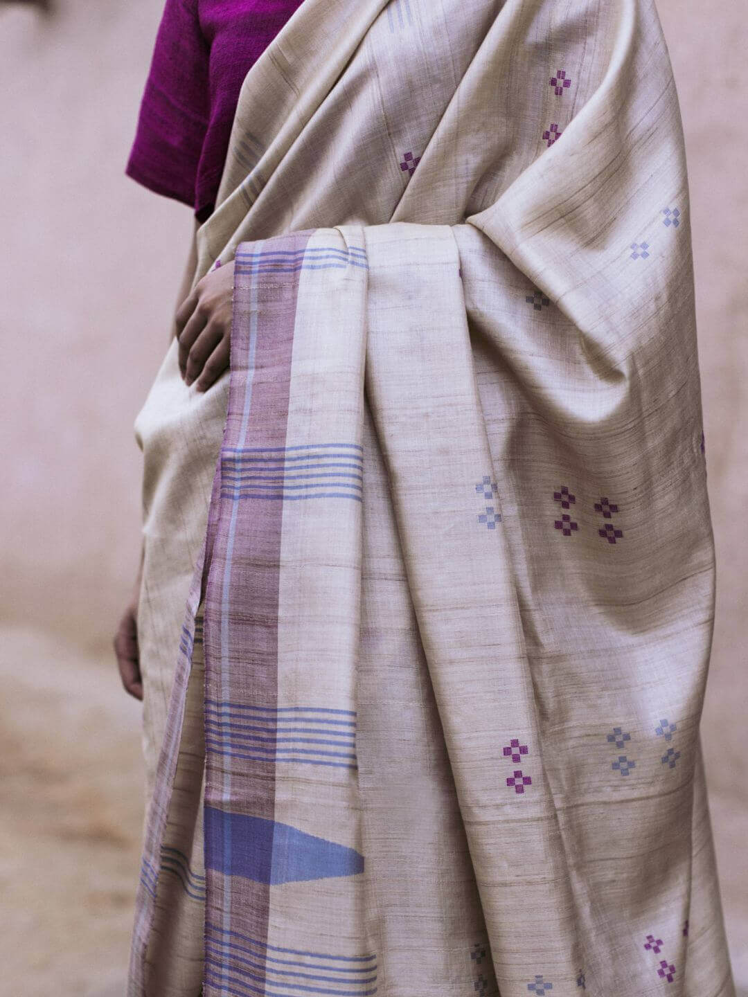 Handwoven Natural-Undyed Kosa Saree with Magenta and Grey Temple Border