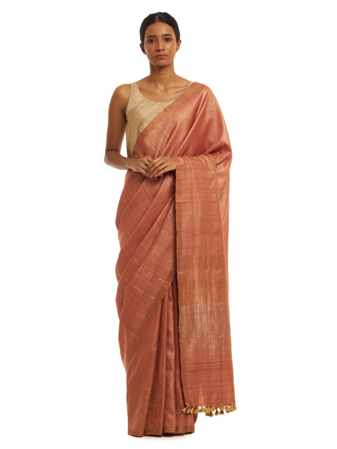 Handwoven Rust Kosa Saree with Gold and Silver Details