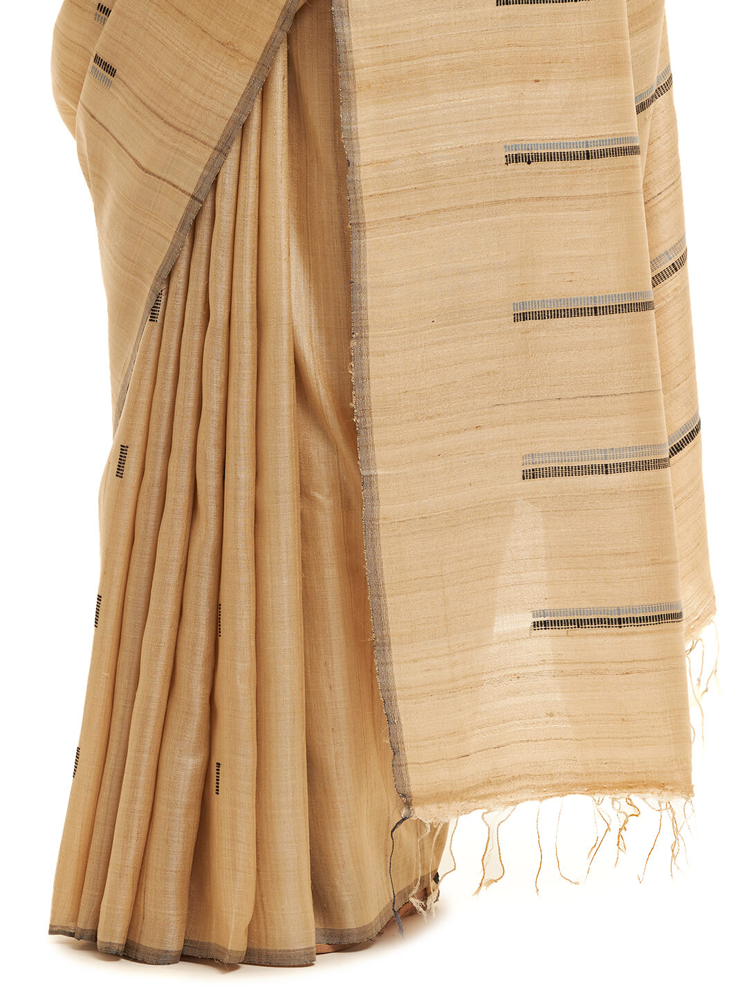 Handwoven natural Undyed Kosa Saree with Grey and Black Weft Pattern