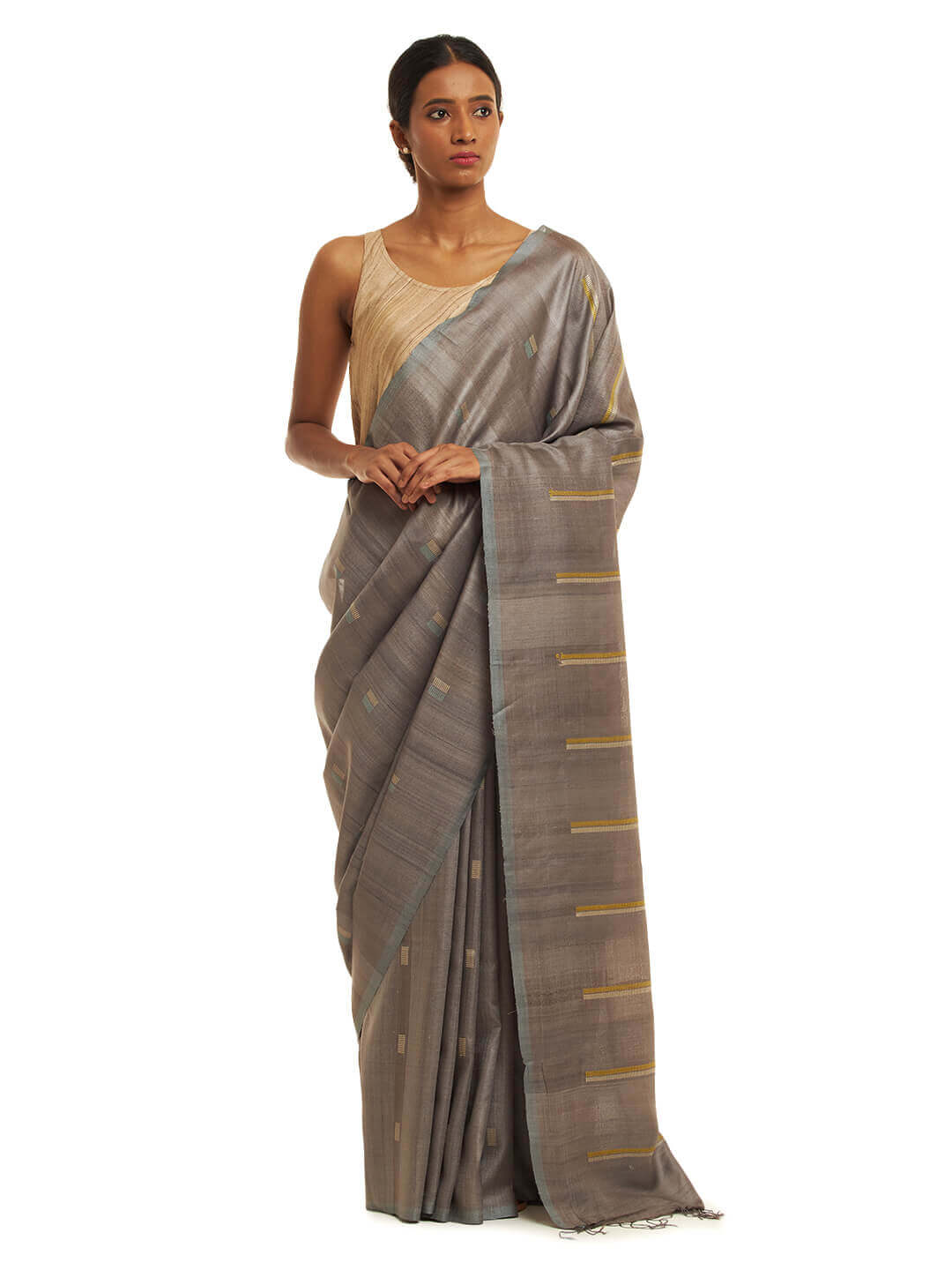 Handwoven Fossil Grey Kosa Saree with Lime Green Motifs