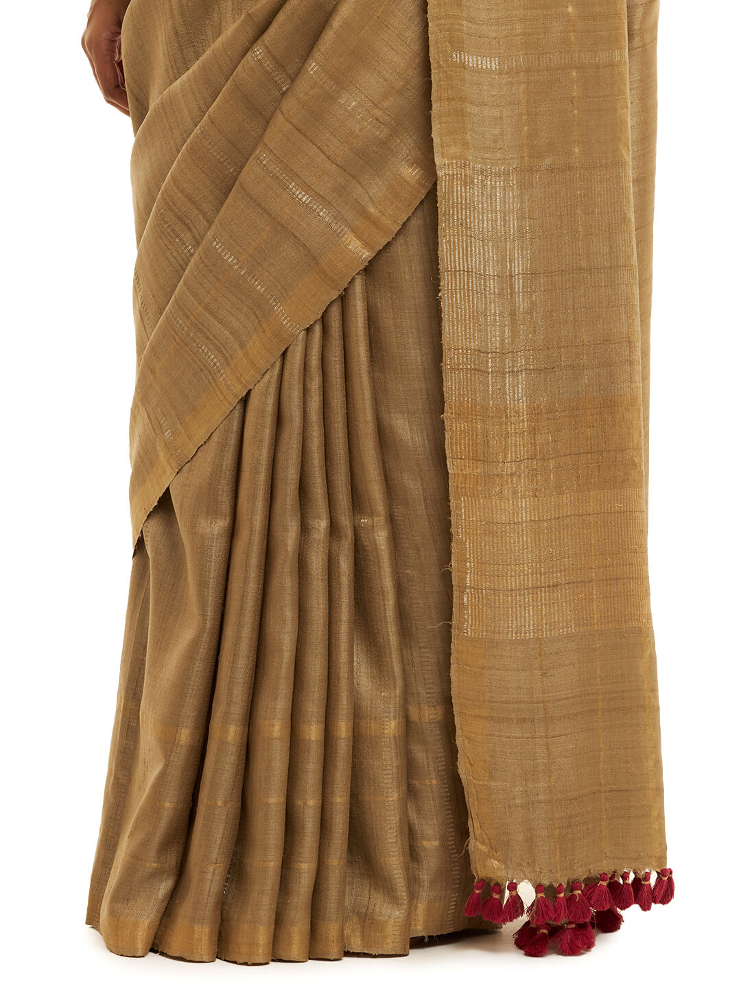 Handwoven Natural Dyed Kosa Silk Saree in Khakhi with Gold and Silver Details