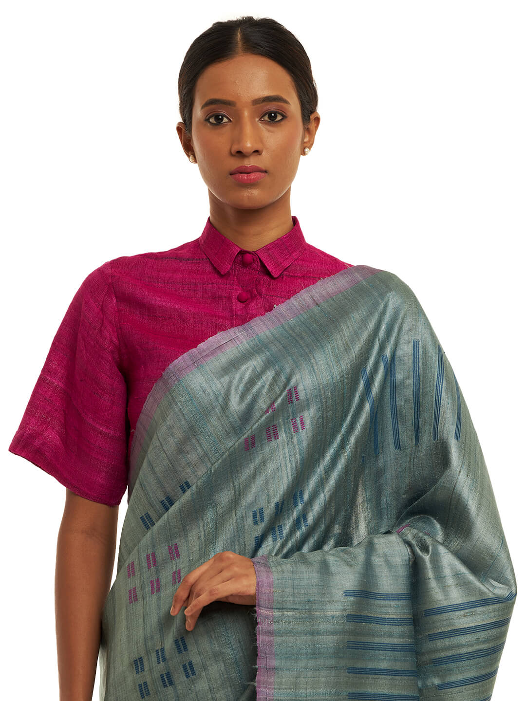 Handwoven Kale Green Kosa Saree with Geometric Motifs