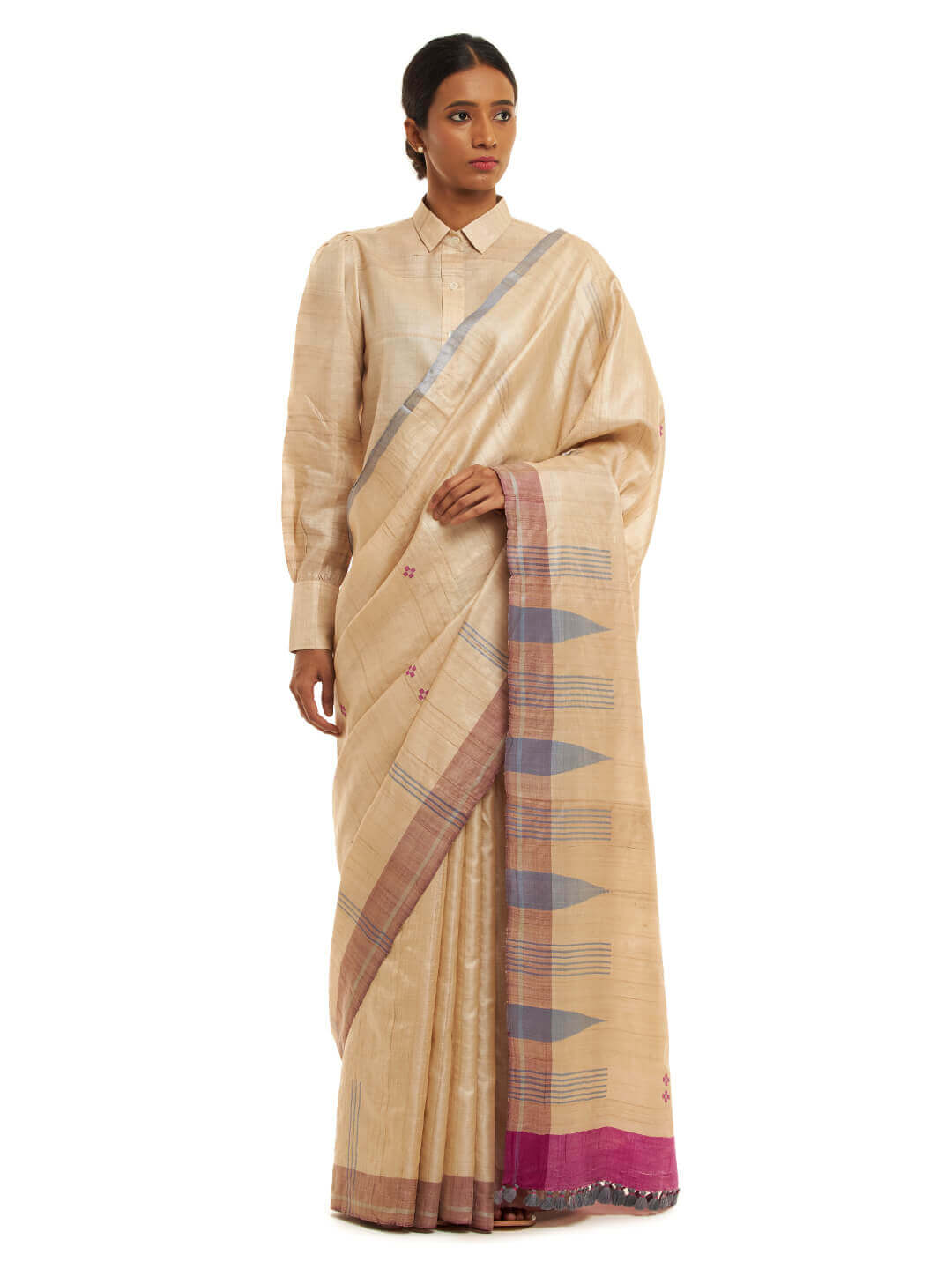 Handwoven Natural-Undyed Kosa Saree with Magenta and Grey Temple Border