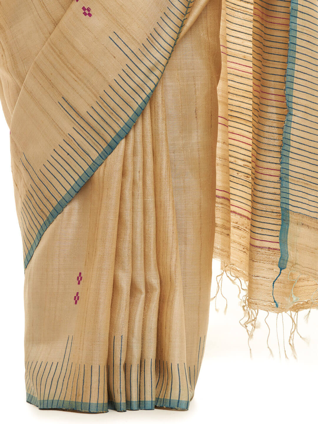 Handwoven Natural-Undyed Tussar Saree with Magenta and Blue Motifs