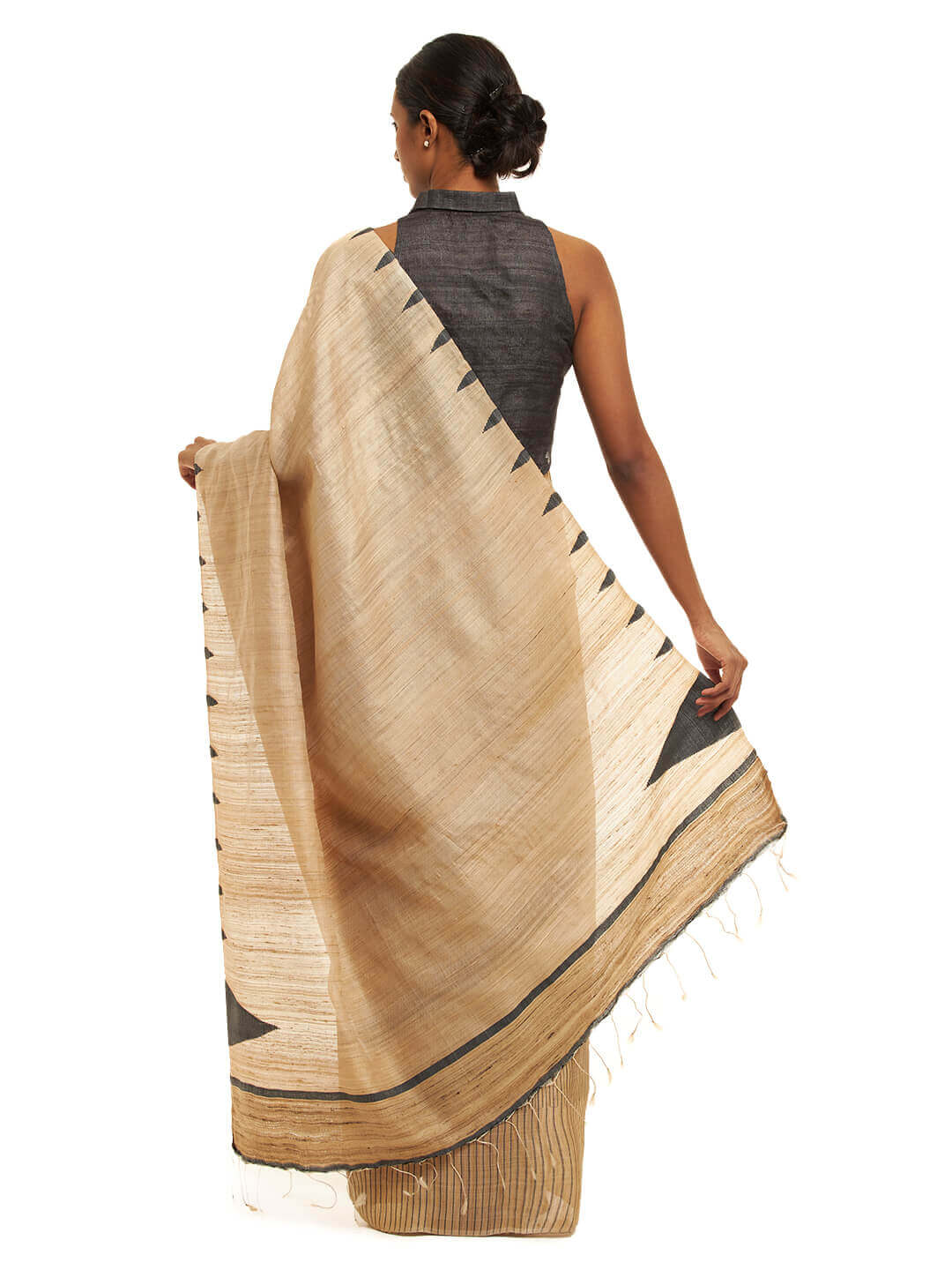 Handwoven Natural Kosa Silk Saree with Black Stripes in Pleats